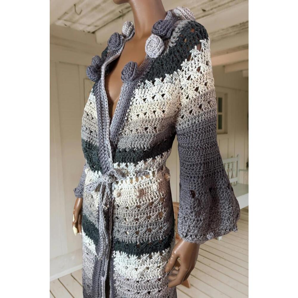 Handmade blue tones striped crochet duster cardigan tie waist  1 size